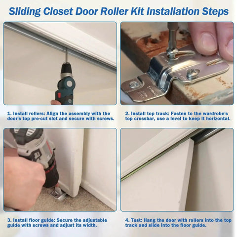 Installation steps for 5 Piece Sliding Closet Door Roller Kit With MP6501 Rollers and N 6560 Floor Guide on closet.
