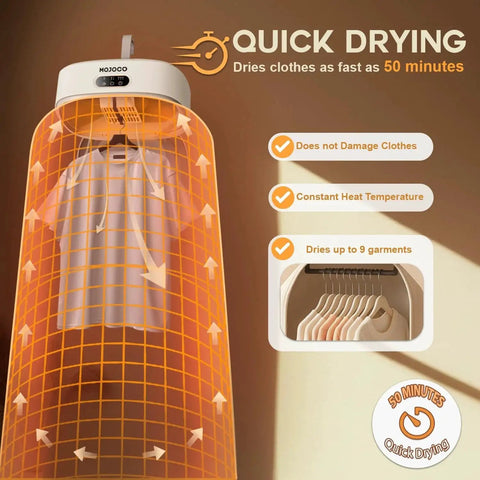 Portable Compact Clothes Dryer For Apartments And Travel With Adjustable Timer, showcasing drying process with 9-clothes capacity.