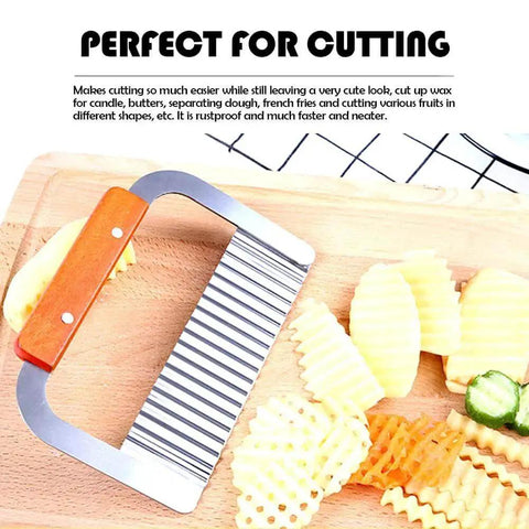 Stainless Steel Wavy Crinkle Cutter For Potatoes And Vegetables 1 Piece Kitchen Tool Durable Veggie Slicer shown with sliced vegetables