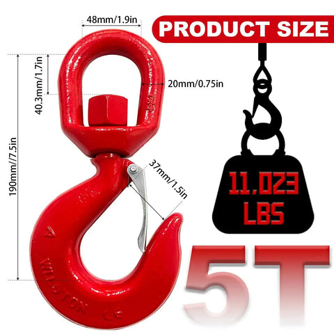 5 Ton Heavy Duty Swivel Hook With Safety Latch 360 Rotation Crane Eye Hook in red displaying dimensions