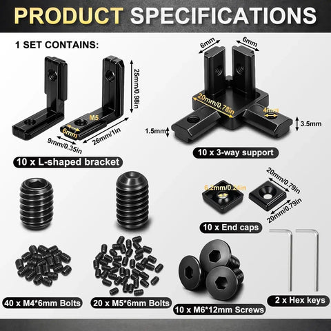 Heavy Duty 2020 Aluminum Extrusion Hardware Kit components layout with L-shaped brackets, 3-way supports, bolts, end caps, and hex keys.