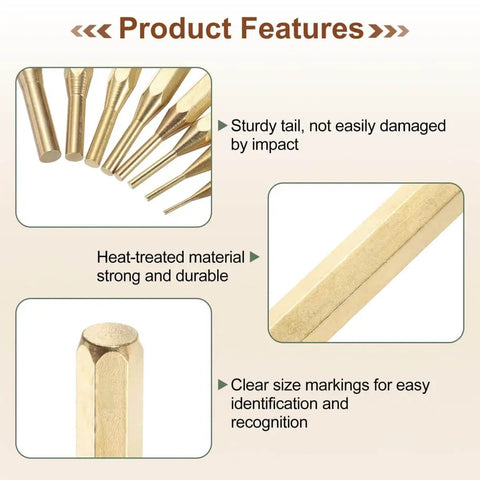 Brass Punch Set Two Piece No Mar Drive Pin And Alignment Punches One Quarter Inch Head Pro Grade Brass close-up detail