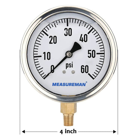Glycerin Filled 4 Inch Dial Pressure Gauge For Plumbing 0 To 60 Psi With Stainless Steel Case Brass Wetted Parts One Quarter Inch Npt Lower Mount