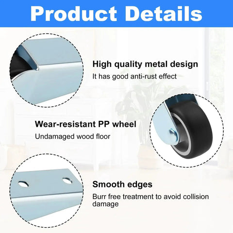 2 Pack Gate Caster Wheels Replacement With Rubber Rolling Swivel Casters highlighting high-quality metal, PP wheel, and smooth edges.