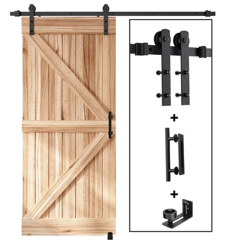 EaseLife Six Point Six Foot Sliding Barn Door Track And Hardware Kit With Straight Pulley For Thirty Six To Forty Inch Wide Single Doors Smooth Quiet Sliding With Premium Aluminum Black Powder Coated Finish Anti Corrosion Build And Easy Install image showing wooden door and black hardware components.