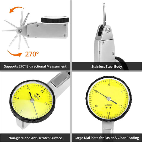Dial Test Indicator With Narrow Range For 3/8 Inch And 5/32 Inch Dovetail Clamps, 0 To 0.03 Inch Reading, 0.0005 Inch Accuracy, Brass Body With Satin Chrome Finish, Anti Glare Dial Surface, Built For Precision Machining And Long Lasting Toughness. Image shows a close-up of dial face and construction details.