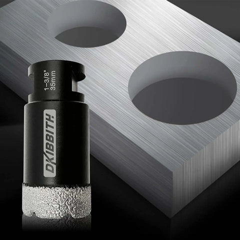 Dry Diamond Core Drill Bits One And Three Eighths Inch Tile Hole Saw for Porcelain Ceramic Tile Marble Brick next to drilled sample