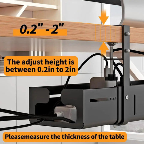 Under Desk Cable Management Tray showing adjustable clamp height and wire organization
