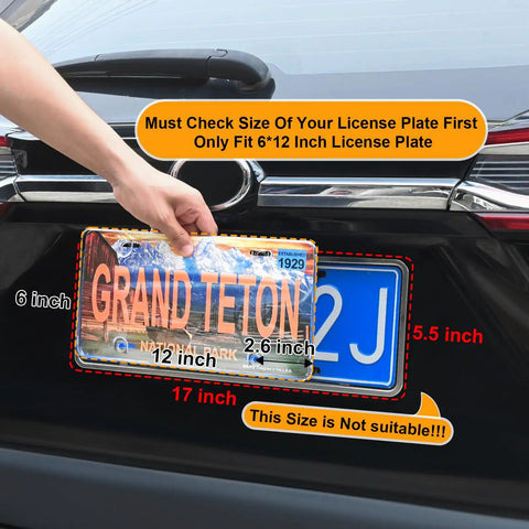Transparent License Plate Cover 2 Pack With Curved Surface Design Fits Standard 6x12 Plates installed on a vehicle showing size compatibility.