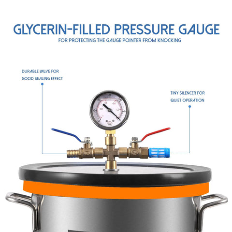 PB Motor Tech 3 Gallon stainless steel vacuum chamber with tempered glass lid and orange gasket around lid
