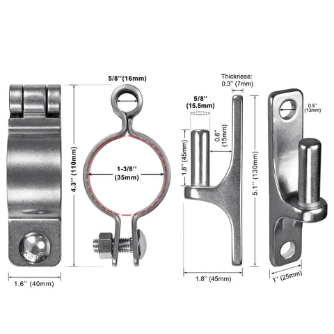 304 Stainless Steel Gate Hinges Two Pack Heavy Duty One And Three Eighths Inch Pipe Hinge With Five Eighths Inch Pin Wall Mount