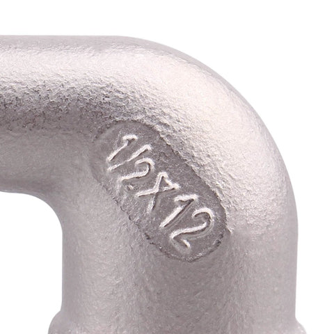 Stainless steel 90-degree pipe elbow, 1/2 in. size, close-up showing stamped 1/2.