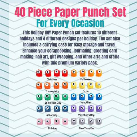 Mini Scrapbook Paper Hole Puncher Set With Forty Holiday Designs For Easter Christmas Thanksgiving Fourth Of July Halloween And More Perfect For DIY Confetti Card Making Invitations And Party Decor On The Go displayed with individual designs for various holidays