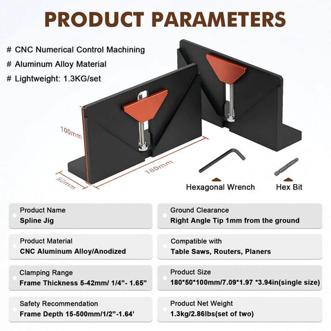 Right Angle Spline Jig For Table Saw And Router Table, Adjustable Clamp For Five To Forty Two Millimeters Thick Stock displayed with hex tools, CNC aluminum body, shown in product parameters table.