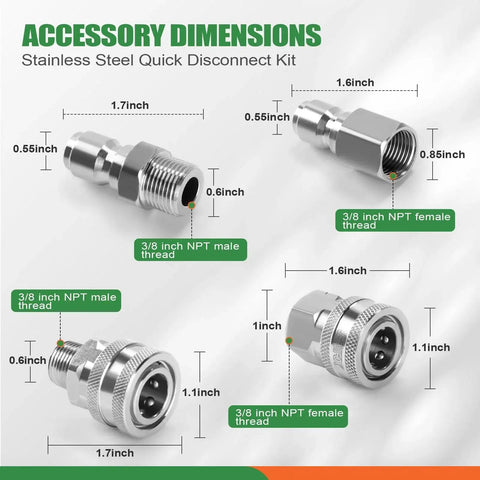 Stainless Steel Pressure Washer Quick Connect Kit Set With Three Eighths Inch Female And Male Threads; accessory dimensions shown.