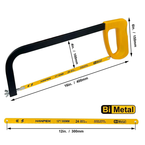 High Tension 12 Inch Hacksaw Frame with 24 TPI Bi Metal Blade for Metal Wood and PVC Carpentry Pro Grade with Adjustable Tension and Comfortable Non Slip Grip Hanpex