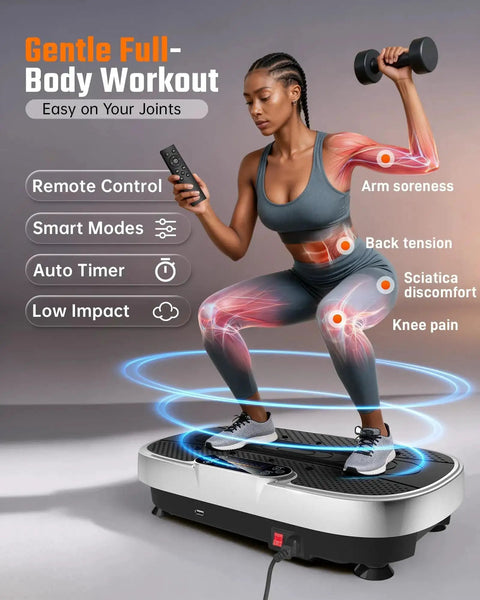 Woman using Vibration Plate Exercise Machine For Home Gym Full Body Workout With Loop Bands for low impact fitness and weight loss