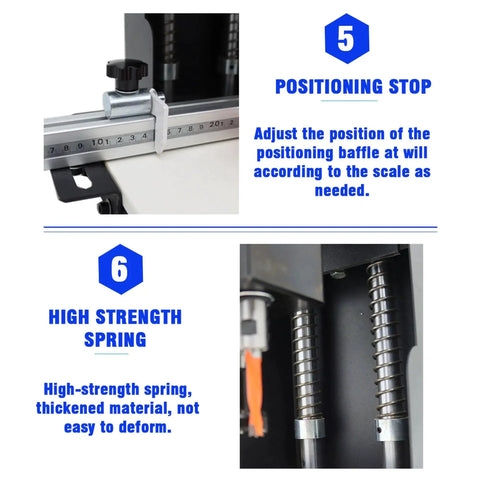 Positioning stop and high strength spring on 110V Pneumatic Hinge Boring Insertion Machine With Single Head Portable Electric Hinge Drill