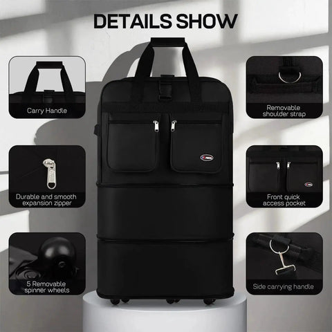 Expandable Rolling Duffle Bag With Wheels For Travel, Large Capacity Foldable Luggage Bag With Front Pocket, Classic Black