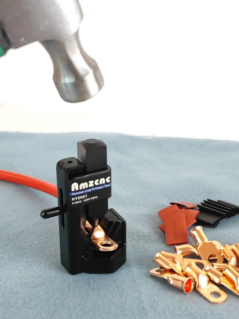 Heavy Duty Hammer Lug Crimper For 8 AWG To Four O Wire Gauge And 0000 Battery Cables with hammer above, on light surface