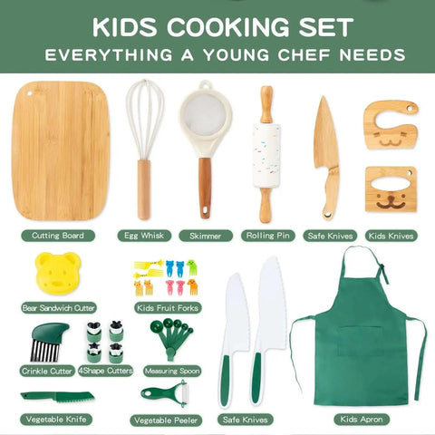 20 Piece Kids Safe Knife Set For Real Cooking, Montessori Kitchen Tools For Toddlers, apron, knives, cutting board