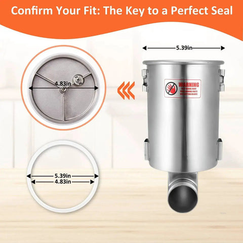 Leakproof Sausage Stuffer Gasket Seal Replacement Kit For 3, 5, And 7 Liter Vertical Or Horizontal Sausage Makers, Compatible With VEVOR, Hakka, And Weston Units, Includes 2 Pack shown with dimensions and stainless steel tube.