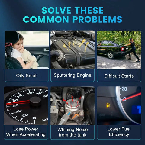 Image showing solutions for car issues like oily smell, sputtering engine, difficult starts, power loss, whining noise, and fuel inefficiency.
