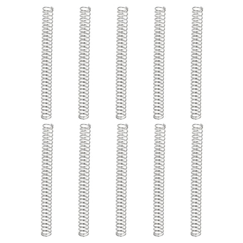 Ten stainless steel compression springs, 0.4mm wire diameter, 4mm OD, 50mm length, silver.