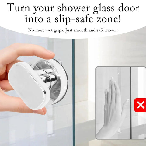 Two Piece Suction Cup Handle Set for shower glass doors, silver finish, no-drill removable knob shown in hand, durable ABS plastic.