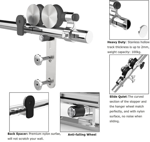 7 Foot Barn Door Hardware Sliding Track Kit In Stainless Steel Heavy Duty For Double Wood Doors With Y Shape Hangers Smooth Quiet Roller Bearings Anti Rust And Corrosion Resistant Supports Up To 220 Lbs Fits Doors Up To 21 Inches Wide shown in various components detailing.