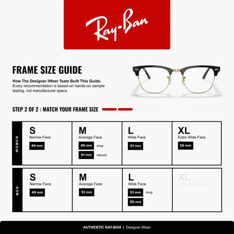 Ray-Ban eyewear frame size guide chart, showing sizes for women and men with images of Clubmaster sunglasses.