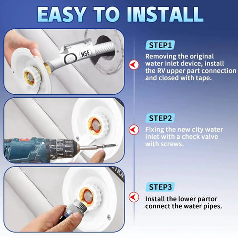 Installation guide for RV City Water Inlet With Check Valve For Safe Drinking Water Three Quarter NH Female To One Half NPT Male