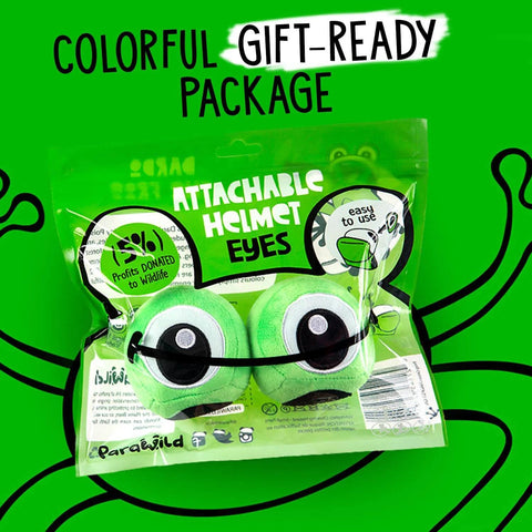 Totally Fun Frog Helmet Accessory Set With Sticky Hook And Loop Fastener Adhesive Eyes And Ears Cover For Snowboarding Skiing Biking Cycling Skating For Kids And Adults Helmet Not Included packaging with attachable helmet eyes.