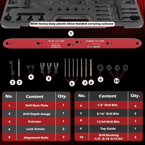 Manifold Drill Template for GM LS Engines 1999-2007 Removes Broken Exhaust Bolts with components and carrying case