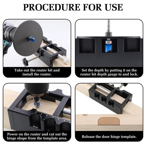 Versatile Aluminum Door Hinge Mortise Jig for Quick and Precise Hinge Installation, Router Template Kit in use steps