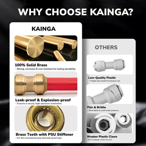 Comparison image showing Kainga 3/4 Inch Brass Push To Connect Check Valve for Copper CPVC and PEX pipes with others