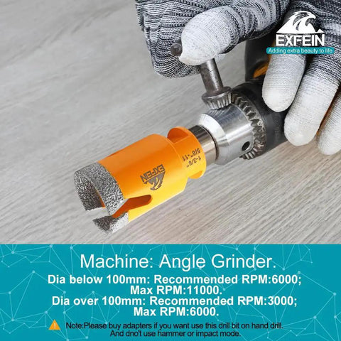 Close-up of an All In One Diamond Tile Hole Saw Kit For Porcelain Marble With 12 Piece Core Drill Bit Set on an angle grinder in use