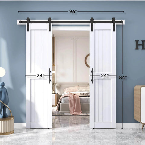 Double 24x84 Inch White Barn Doors, 8 Ft Sliding Door Hardware Kit Installed, Solid Wood, Space Saving Modern Farmhouse Style