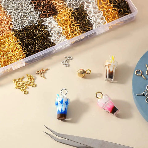 1200 Pcs Small Screw Eye Pins For Pro DIY Jewelry Making Kit With Multicolor Mini Eye Screws In 3 Sizes shown with crafts