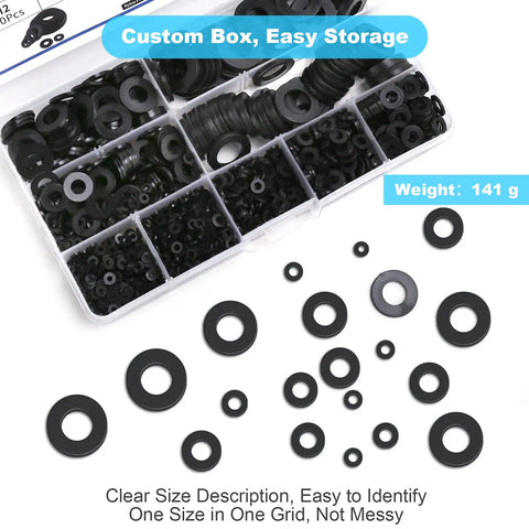 Premium Nylon Flat Washers Set With 1200 Pcs In 9 Sizes M2-M12 Black Fender Washers in Storage Box