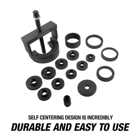 Master Wheel Hub And Bearing Remover And Installer Kit components showing various adapters and tools, no shop press needed.