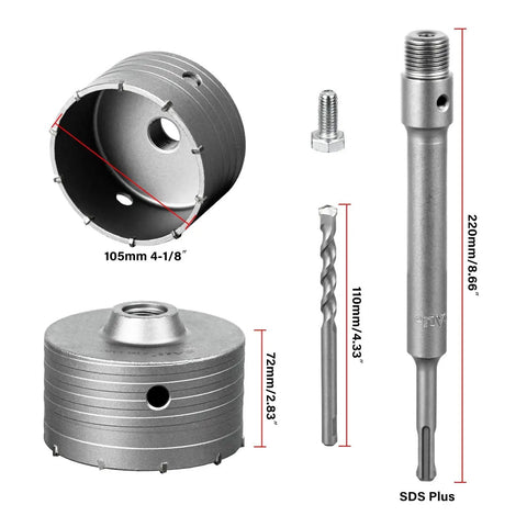 Heavy Duty Concrete Hole Saw Kit With 4.125 Inch Tungsten Steel Wall Cutter, showing 105mm blade, 110mm drill bit, 220mm rod.