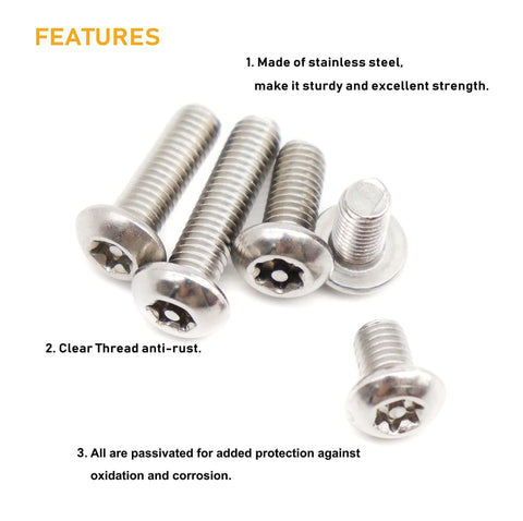 Close-up of 50 Piece M4 Torx Security Screws Set With T20 Wrench, Tamper Proof, Stainless Steel 304, showing button head design.