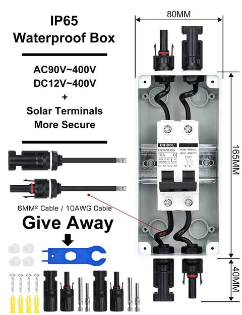 15 Amp Solar DC Disconnect Switch Outdoor Breaker Box with IP65 Waterproof UV Resistant PC Shell showing components