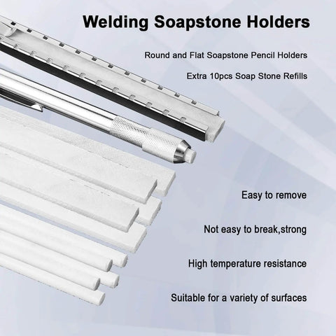 Welding soapstone holders with extra refills, showcasing metal holder design and round soapstone refills on gray background.