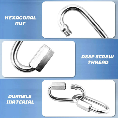Close-up of 10 Pack 304 Stainless Steel Chain Links M3.5 1/8 Inch D Shape Locking Quick Links showing hexagonal nut and deep screw thread.