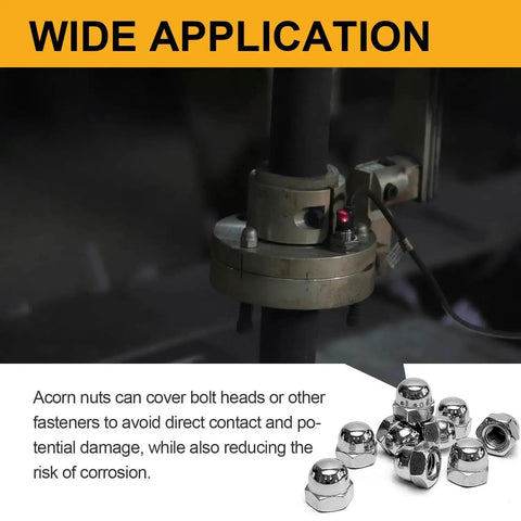 Acorn Nut Kit 70 Piece Stainless Steel Dome Head Hex Cap Nuts set in use on industrial machinery