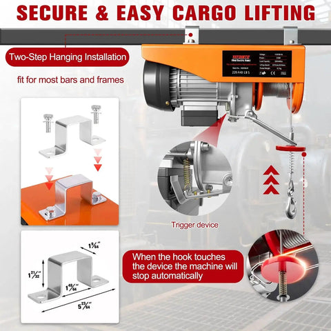 440 Lbs Electric Hoist With Remote Control 510W Winch 39.4 Ft Lift For Garage with installation steps and trigger mechanism
