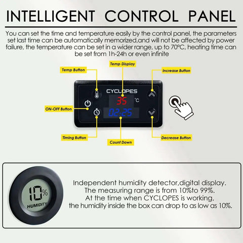 Intelligent control panel of Filament Dryer And Dry Box For 3D Printers With Fan, displaying temperature and humidity settings.