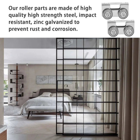 Four Wheel Trolley Assembly For Channel Strut Light Duty Compatible With All One And Five Eighths Inch P1000 P1001 P5000 P5001 P5500 P5501 And Taller Strut Channel In Electro Galvanized Steel For Rust And Corrosion Protection 2 Pack metal rollers on a bedroom's glass door track.